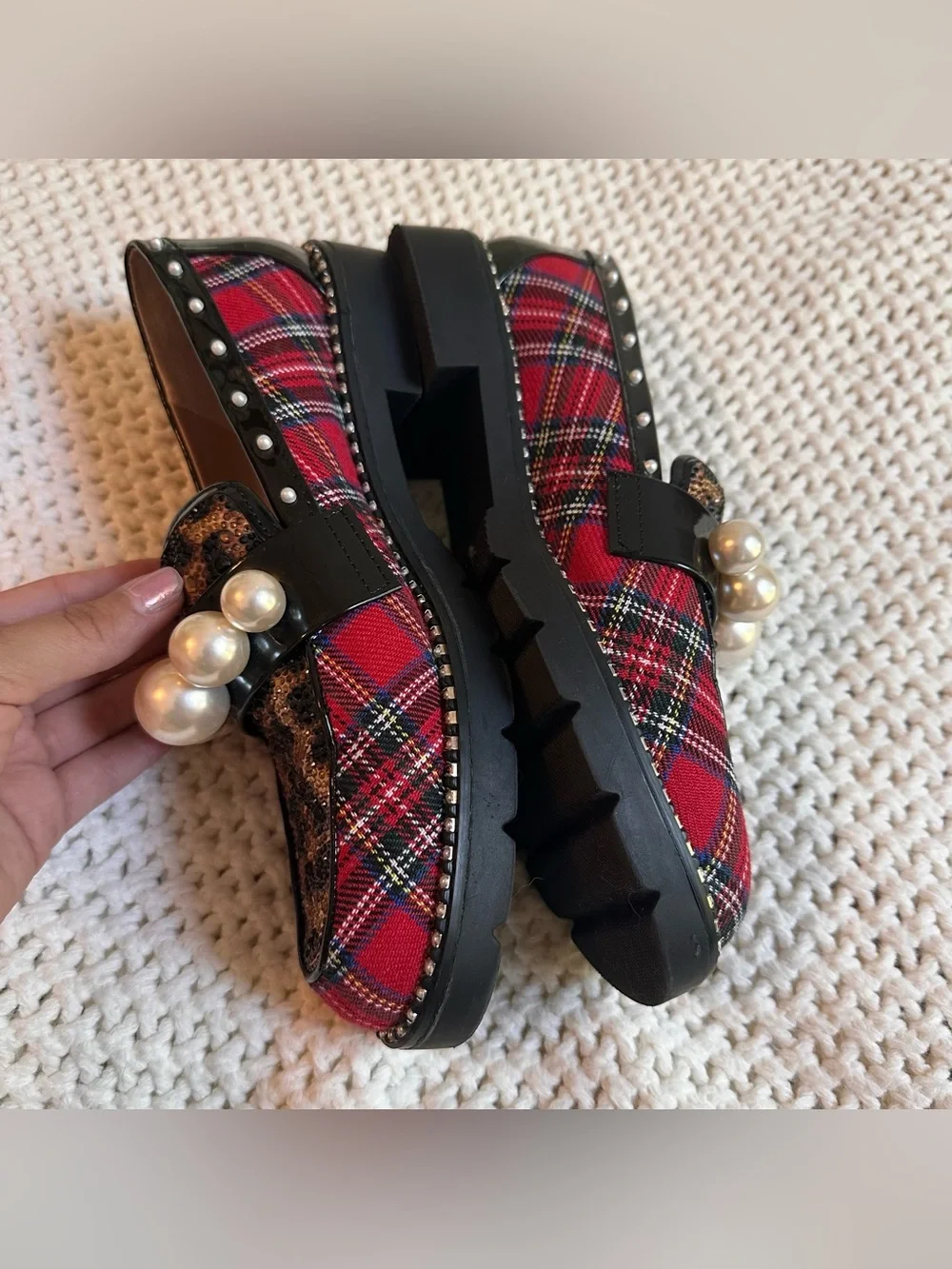 Betsey Johnson Harloe Loafer women’s 7.5 plaid leopard print pearl sparkles